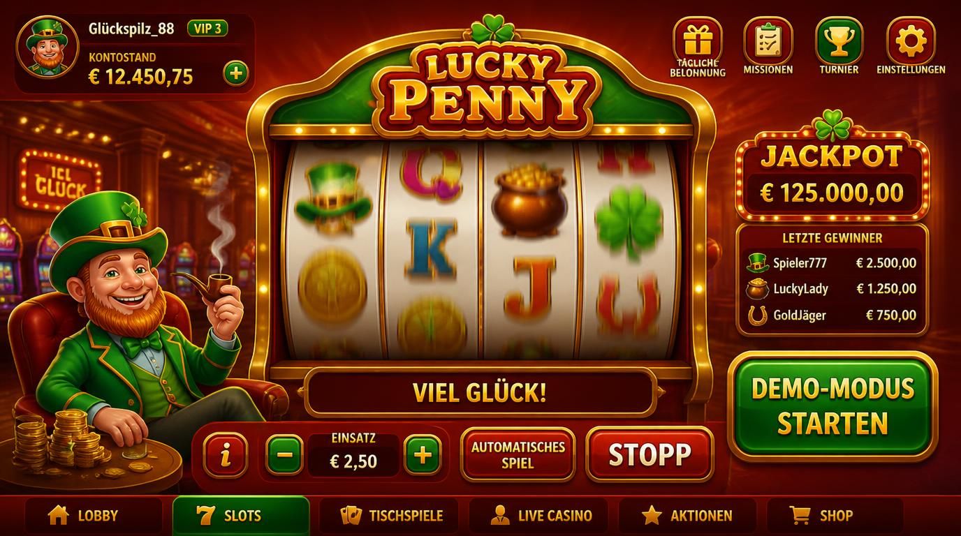 Screenshot eines Casino-Spielautomaten in der Demo-Version mit deutsche UI und virtuellen Credits